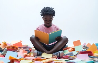African American Boy Reading Colorful Books on the Floor Surrounded by More Books