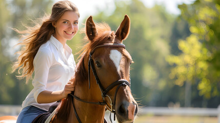 Obraz premium Joyful young woman enjoys a sunny day horseback riding with flowing hair