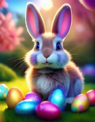 Fototapeta premium A cheerful rabbit sits amidst vibrant, decorated eggs, embodying the spirit of Easter festivities.