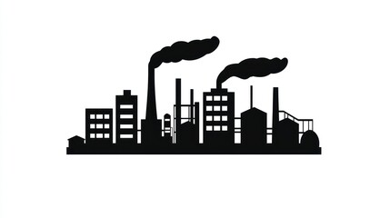 Fototapeta premium Industrial city silhouette; factory buildings; smoke stacks; urban landscape; simple graphic; vector illustration; suitable for print or web use; industrial area