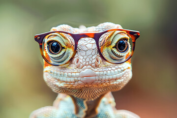 Fototapeta premium Lizard wearing glasses is staring at the camera