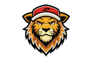 Obraz premium Cartoon lion head wearing red cap mascot logo on a white background