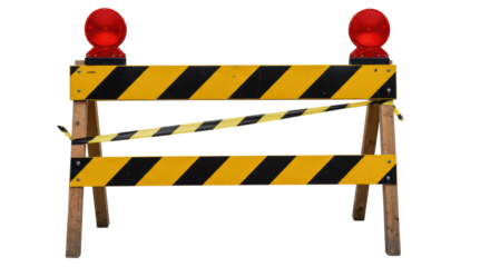 Isolated Roadblock with Flashing Lights and Yellow Striped Barrier Tape