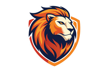 Bold Lion Head Mascot Logo Inside Orange and Blue Shield on White Background