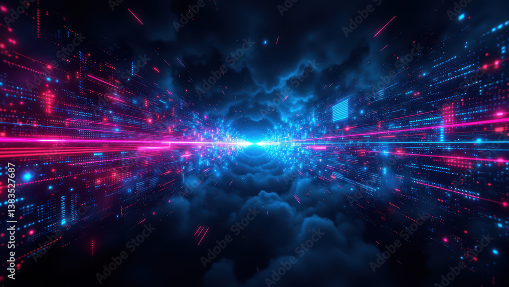 Poster a dynamic digital illustration representing a cybernetic space where virtual clouds are traveling th