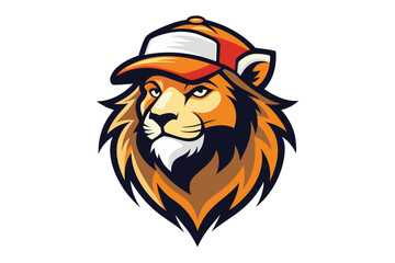 Lion Mascot Head with Cap, Orange and Brown Fur 