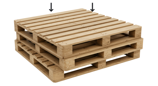 Isolated Stack of Wooden Pallets with Arrows Pointing Down
