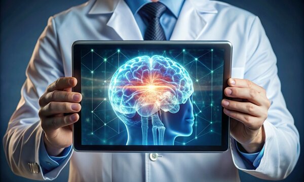 Person holding a tablet with holographic brain scan, AI healthcare system.