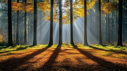 Autumn sunlight streams through misty forest, casting long shadows