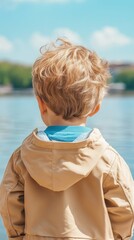 Fototapeta premium Young caucasian child with blonde hair in beige jacket looking at blue lake