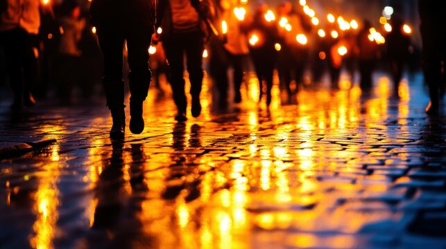 Night march with torches on wet cobblestone street