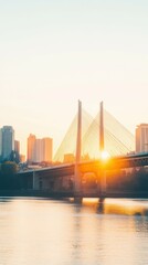 Fototapeta premium Sunset behind urban bridge and skyline with warm glow over river