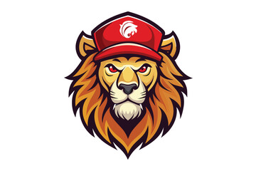 Cartoon Lion Head with Red Cap, Intense Red Eyes on White Background, Mascot Style