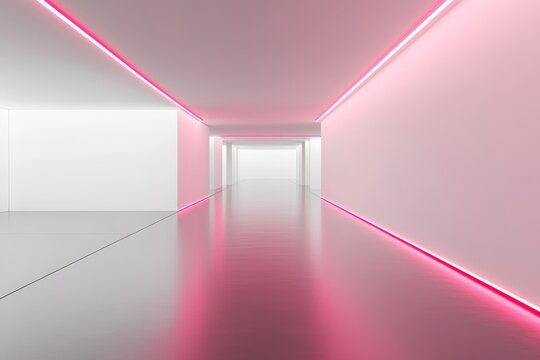 Futuristic minimalist corridor with neon pink led lights and reflective surfaces