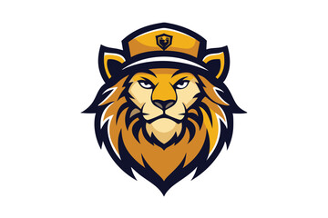 Lion Mascot Head with Gold Cap on White Background