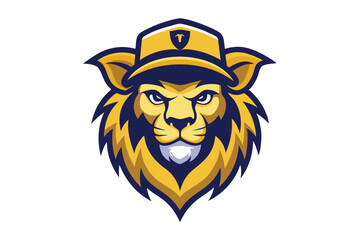 Lion Mascot Head in a Hat, Bold Style with Sharp Details on White Background