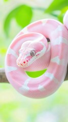 Fototapeta premium Pink and white albino python coiled on branch in natural habitat