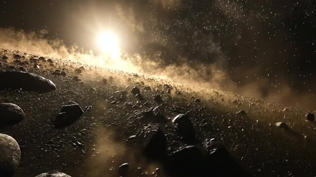 Dramatic view of an asteroid field illuminated by a distant sun, space environment