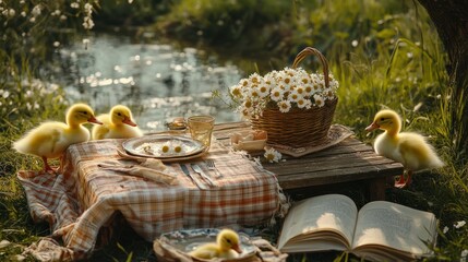 Ducklings' picnic by stream, flowers, book