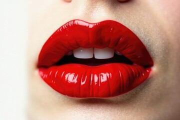 Obraz premium Close-up vibrant red lips, pristine white backdrop, perfect, simple, close-up