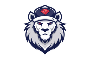 Fierce Lion Head with a Baseball Cap, Red Eyes, Gray Fur on White Background