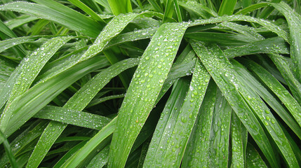 Fototapeta premium Vibrant Green Leaves Close-Up with Rain Droplets: Foliage Photography Capturing Nature's Freshness and Ecological Balance in Botanical Gardens