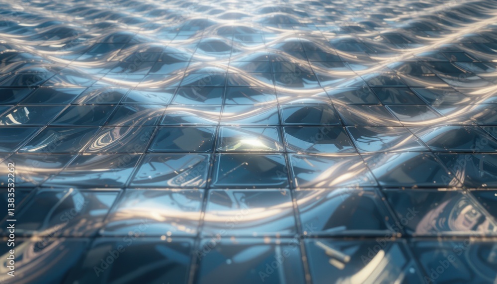 Poster dynamic wave patterns in transparent tiles abstract art installation futuristic environment aerial v