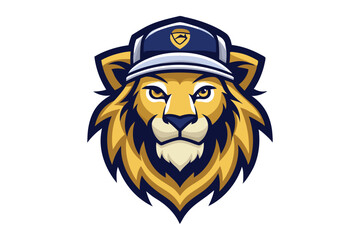 Cartoon Lion Head With Blue Cap Logo Design 