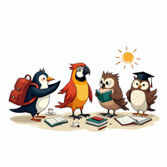 Naklejka premium A whimsical illustration of four birds meeting, showcasing their unique personalities.