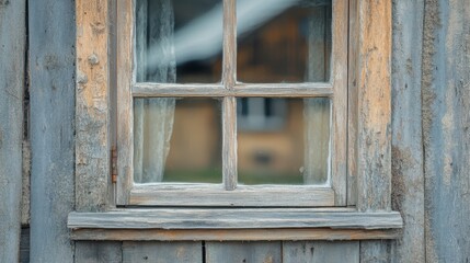 Weathered wooden window frame with blurry background showing a house.