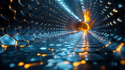 Obraz premium A mesmerizing geometric tunnel, composed of neon-lit hexagons, receding infinitely into the distance, creating a surreal and hypnotic illusion of infinite space and futuristic depth. 