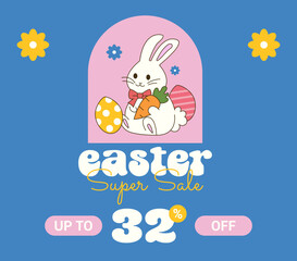 Happy Easter sale 32% off. Thirty two Percent OFF Super Sale. Happy Easter Vector with Bunny.