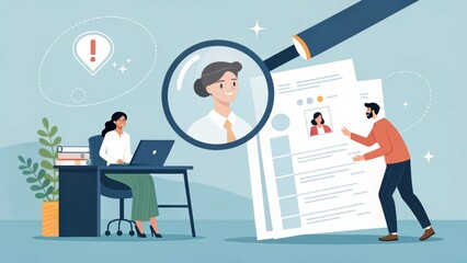 A professional illustration depicting a woman at a desk and a man examining a resume through a magnifying glass, symbolizing recruitment and job searching.