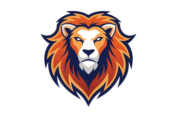 Lion Head Logo with Orange Mane and Blue Outlines on White Background