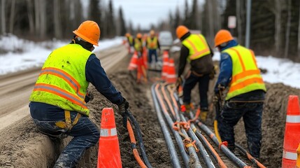 Workers in reflective gear installing underground cables in winter urban construction scene