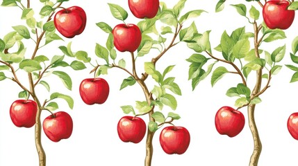 Red apples on tree branches, orchard background, autumn harvest, food design