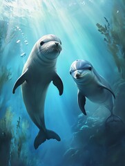 Obraz premium Two playful sea creatures swimming gracefully.