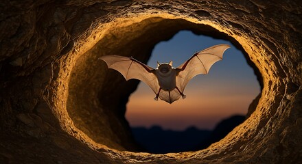 A bat takes flight, wings spread wide, illuminated against the cave opening at dusk. A silhouette of mountains is in the distance.