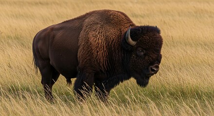 American Bison Grazing: A magnificent bison stands tall amidst a field of golden grasses, a timeless symbol of the wild.  