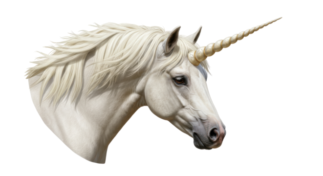 Isolated Unicorn Head with Horn and White Mane