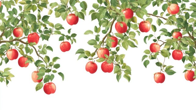Red apples hanging on branches, orchard background, autumn harvest,  seamless pattern for textile design