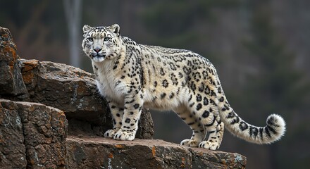 Fototapeta premium Snow Leopard on Rocky Outcrop: An endangered feline surveys its territory with striking spotted coat and piercing gaze in a natural setting.