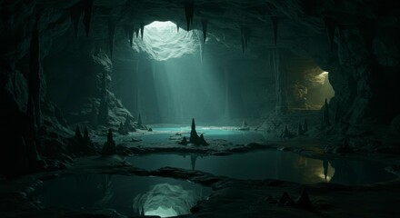 Dark cave interior with a pool of water