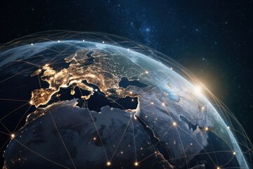 world health day A view of Earth from space, showcasing illuminated continents and a network of connections.