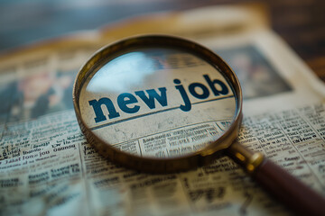 Magnifying glass over a newspaper classified section with new job text. 