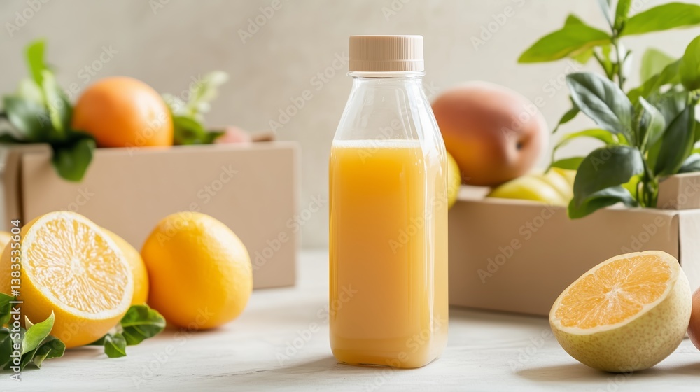Poster freshly squeezed citrus juice in a bottle surrounded by assorted fruits in a rustic setting with nat