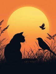 Naklejka premium Silhouette of a cat and bird at sunset