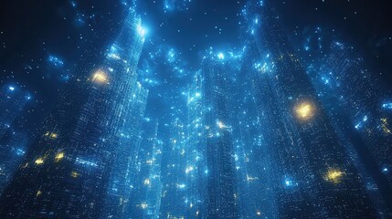 Obraz premium A surreal, abstract cityscape, where towering structures glow with an ethereal, neon-blue light, seamlessly merging into a futuristic skyline. The ambient glow of the city suggests a digital 