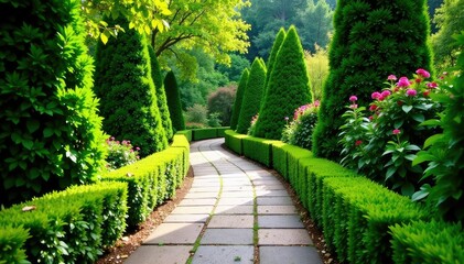 Fototapeta premium Stone pathway winding through manicured garden hedges, summer, rows of hedges