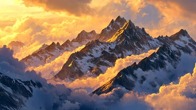 Majestic mountain peaks piercing through layers of ethereal clouds at golden sunset